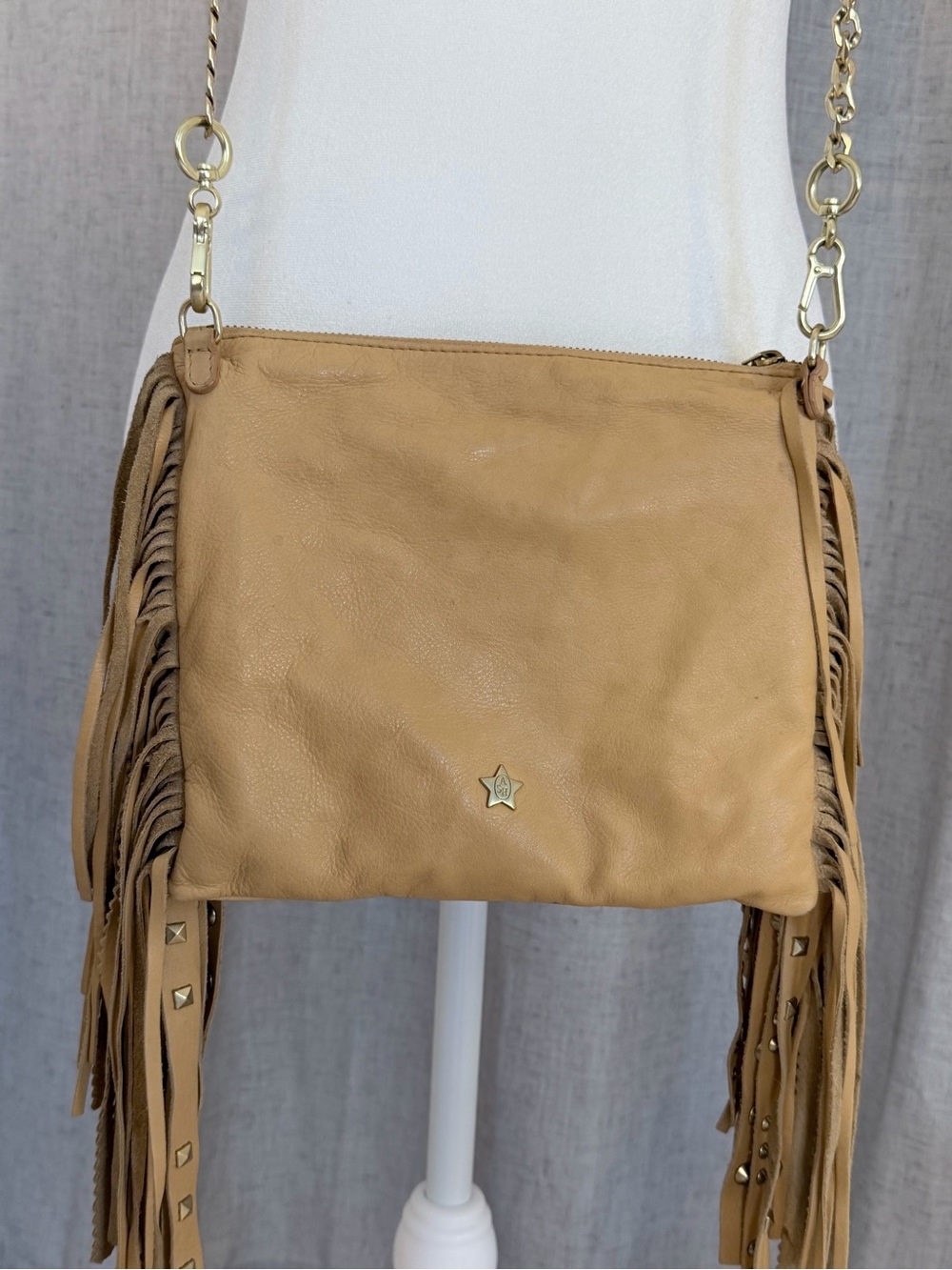 Ash Tan Fringe Leather Crossbody with Gold Chain
